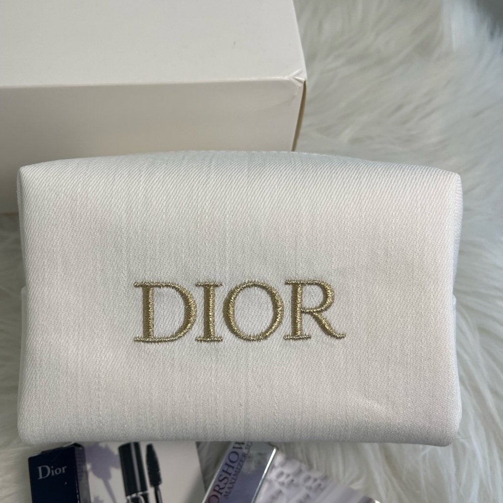 NWT Dior White Denim & Gold Lettering Cosmetic Pouch